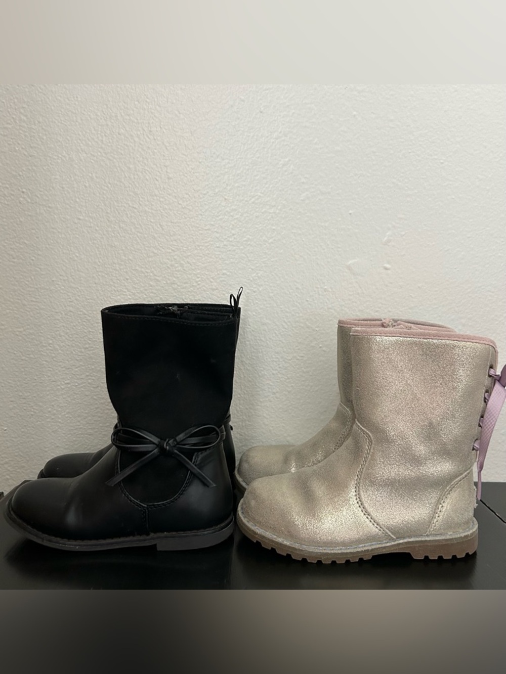 Girls Size 10 Boots Lot UGG Corene Metallic Gold Lace Up Back & Old Navy Black
